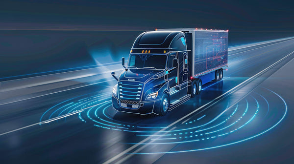 A blue semi truck with electric blue lighting is driving on a highway at night