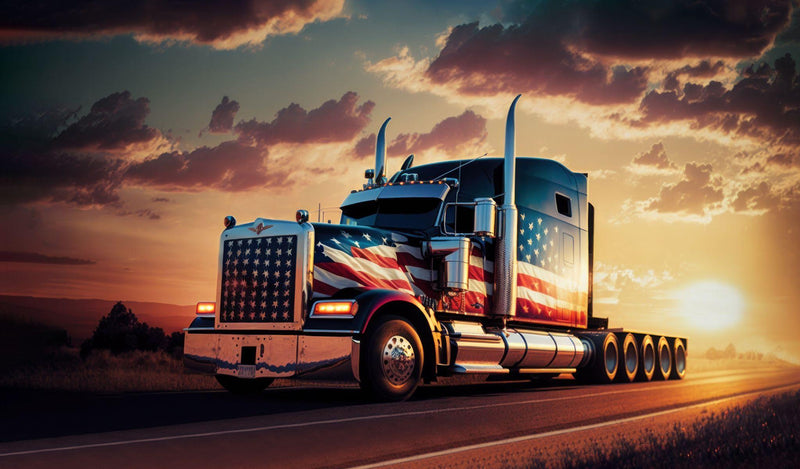 A red semi truck powerfully cruising down the highway with mountain background at sunset