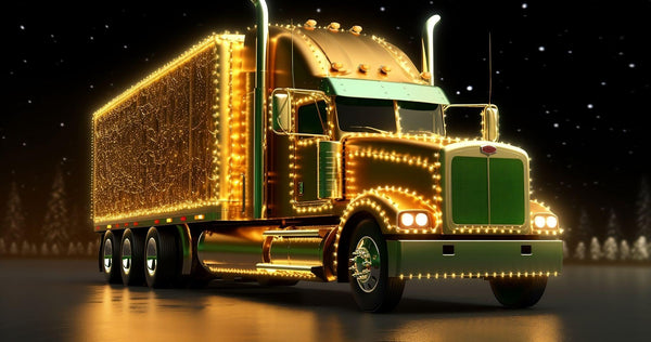 A truck that is decorated for the Christmas holidays drives in the snow during the winter