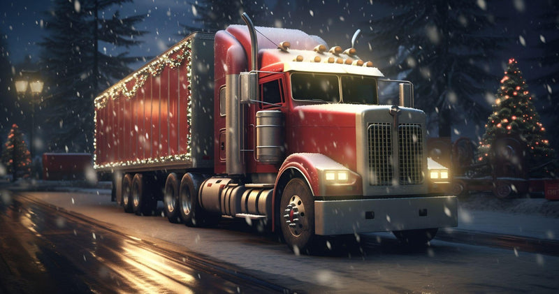 A truck that is decorated for the Christmas holidays drives in the snow during the winter