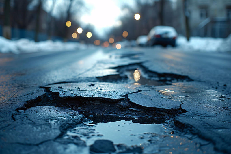 A worn-out urban road with numerous potholes highlights infrastructure neglect