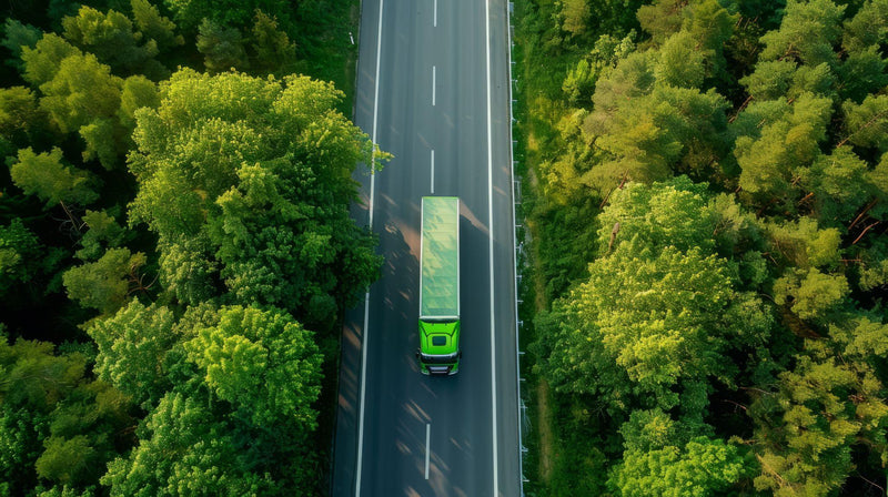 Aerial view of car driving on asphalt highway road in green forest.