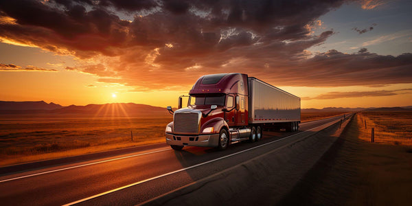 Commercial trucks and trailers on scenic highway at sunset