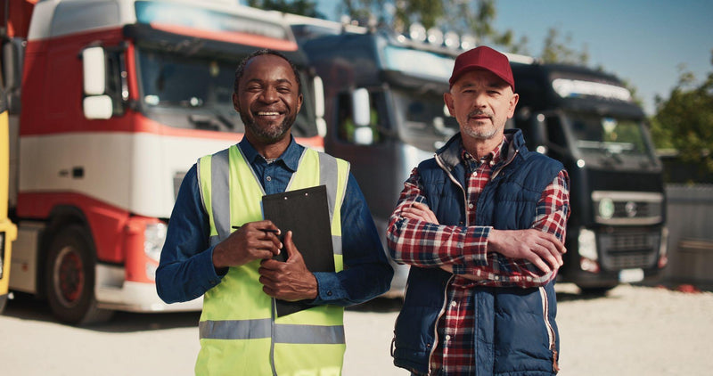 Confident lorry drivers with vehicle in parking lot.