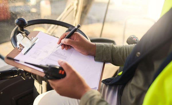 Forklift driver and writing on checklist for warehouse