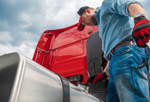 Semi truck driver looking at diesel tank cap