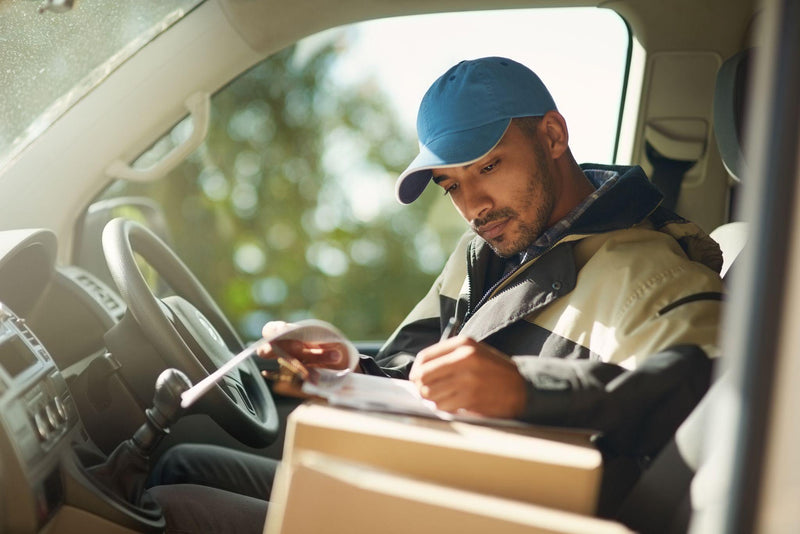 Shot of a delivery man reading addresses while sitting in a delivery van.