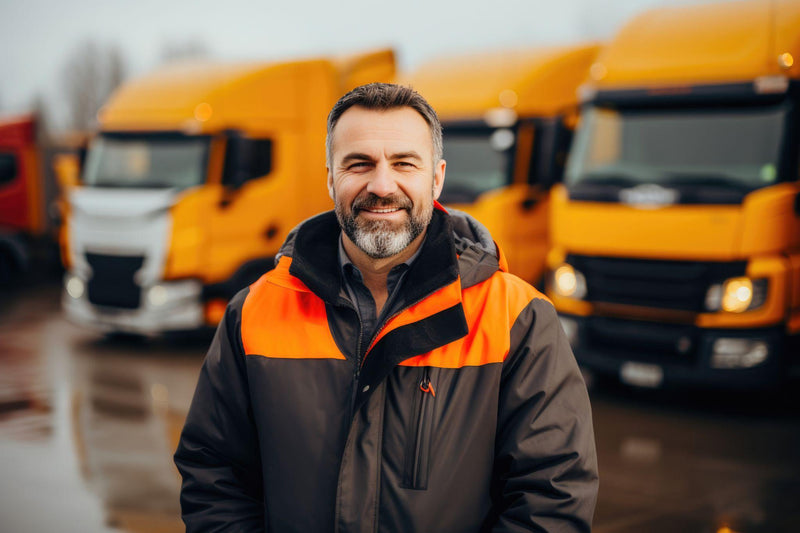 Trucker Posing Amidst a Row of Parked Trucks