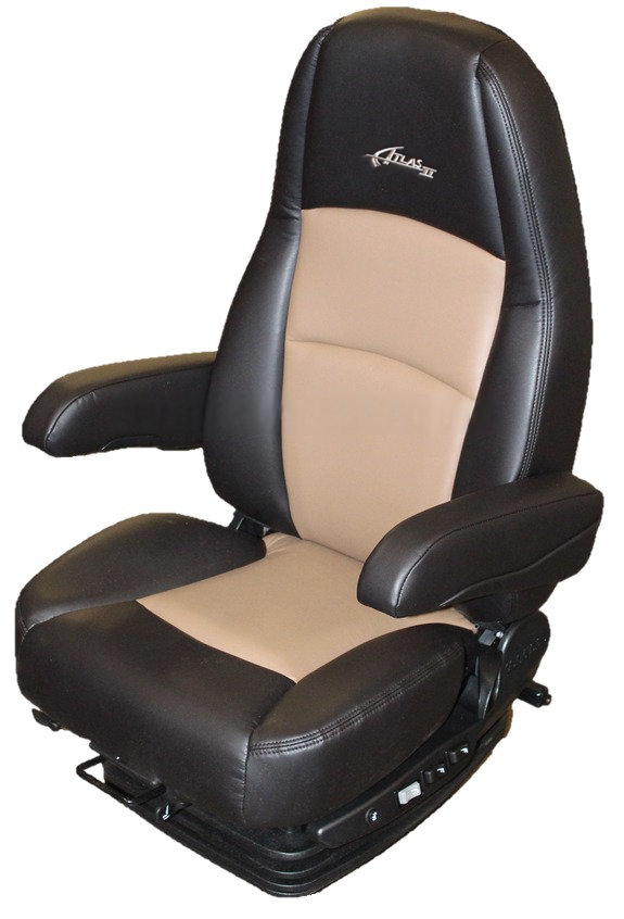 Sears Atlas II DLX Truck Seat in Black & Tan Ultra-Leather with Heat, Massage & Dual Arms - (PN 2D511P7BBNSN)