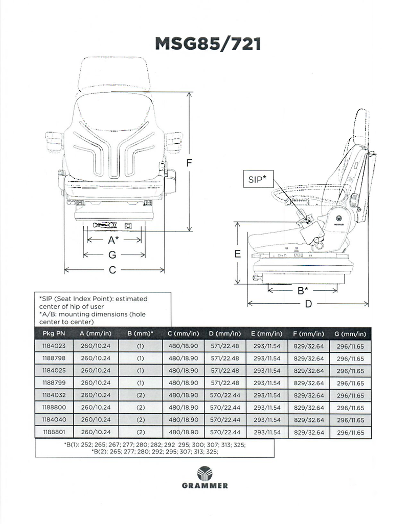 Grammer MSG 85/721 Off Road Suspension Seat in Black Vinyl - PN 1184032