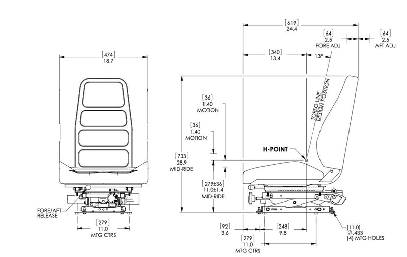 Sierra V-280 Mechanical Suspension Seat – Black Vinyl - Viking T-Bar Replacement - PN 100005-0799